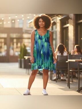 Catherines Chiffon Split Front Dress 3X Watercolor Green Blue Spring Summer NEW